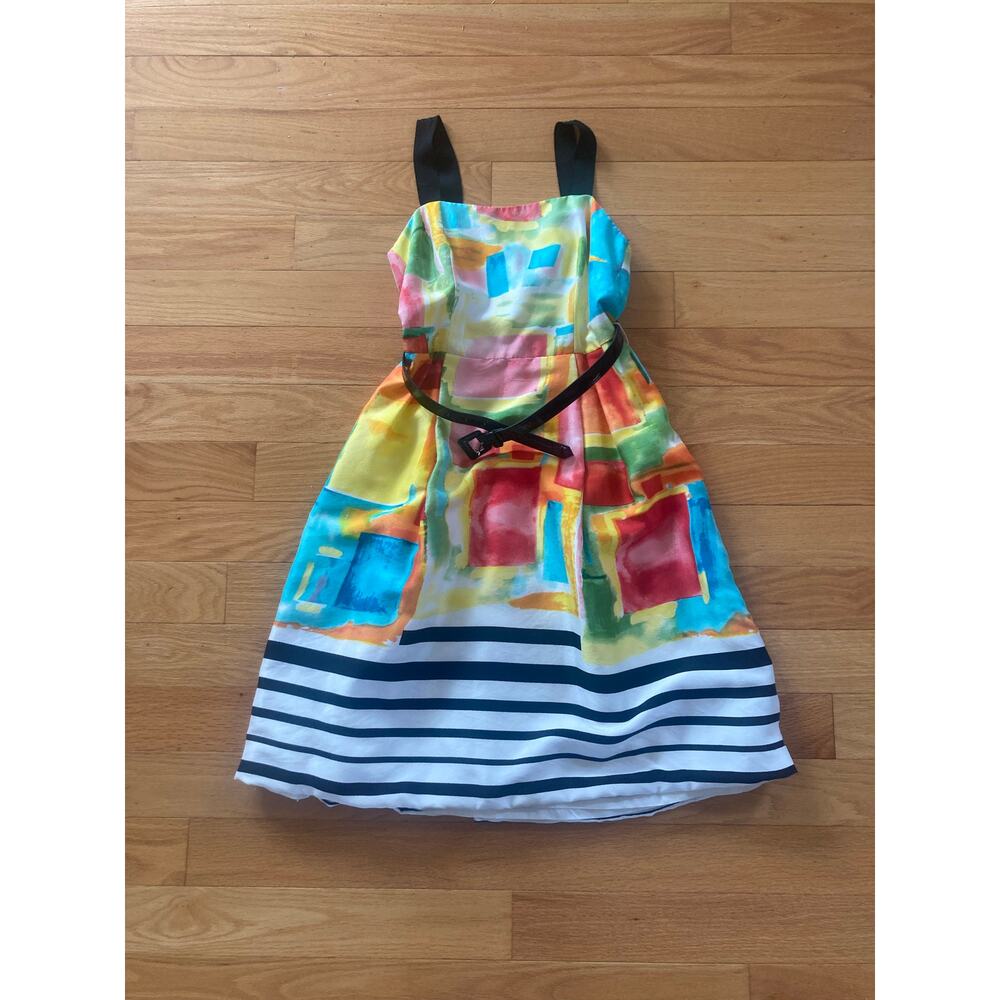 Rickie Freeman Teri Jon Silk Watercolor Abstract Stripe Colorful Belted Dress 8